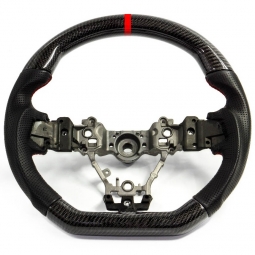 SMY Carbon Fiber D-Shaped Leather Steering Wheel w/ Red Stripe, '15-'21 WRX & STi